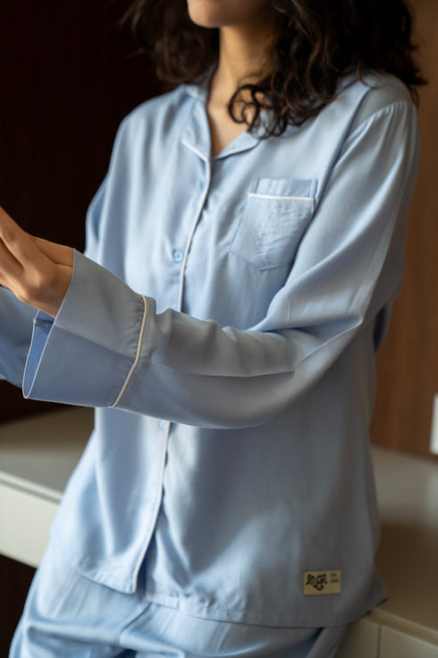 Women summer pajama set Light Blue buttoned shirt + Pants